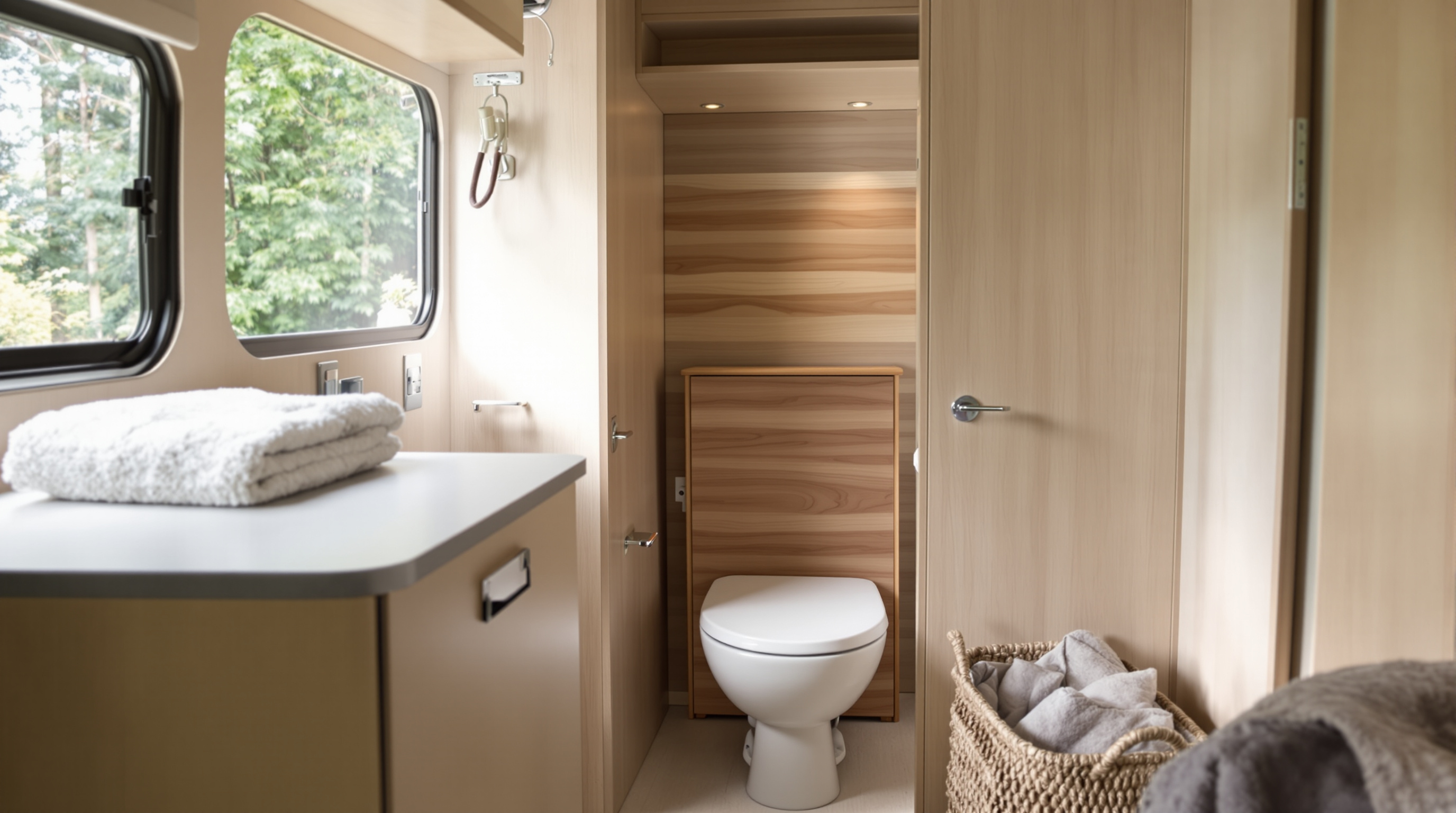 Kompakte Trockentoilette aus Holz im Bad eines ausgebauten Campingbusses