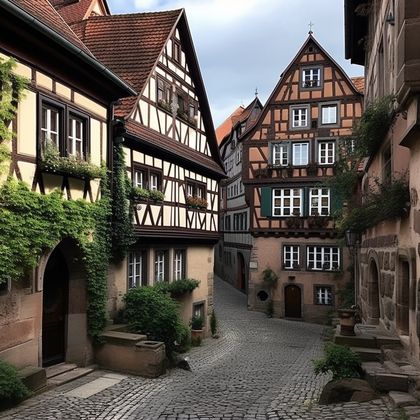 Fachwerkhäuser an einer gepflasterten Gasse in der Altstadt von Schwäbisch Hall