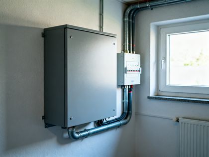 Grauer Stromspeicherschrank mit Unterverteilung an der Wand eines Hauswirtschaftsraums
